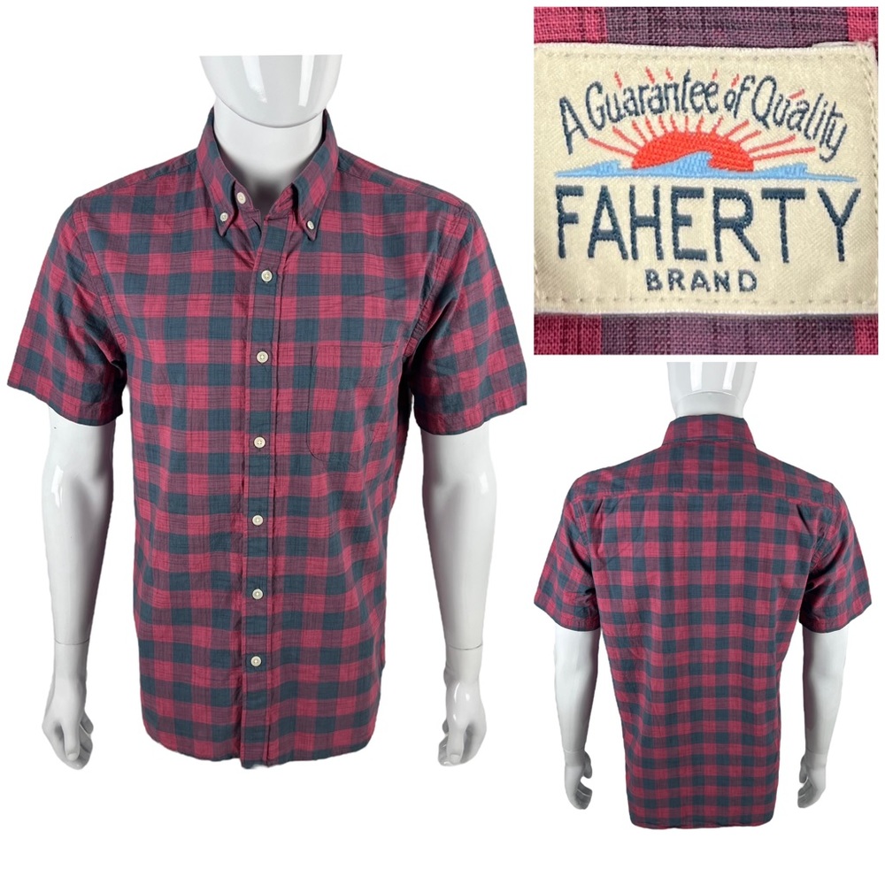 Faherty Mens Medium Shirt 100% Organic Cotton Button Front Short Sleeve EUC